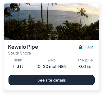 Kewalo Pipe, South Shore. Conditions fair. Surf 1–3 ft, wind 10–20 mph NE, rain 0.0 in.