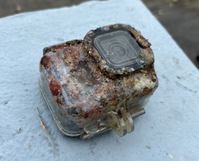 Algae-crusted GoPro housing after five months underwater.