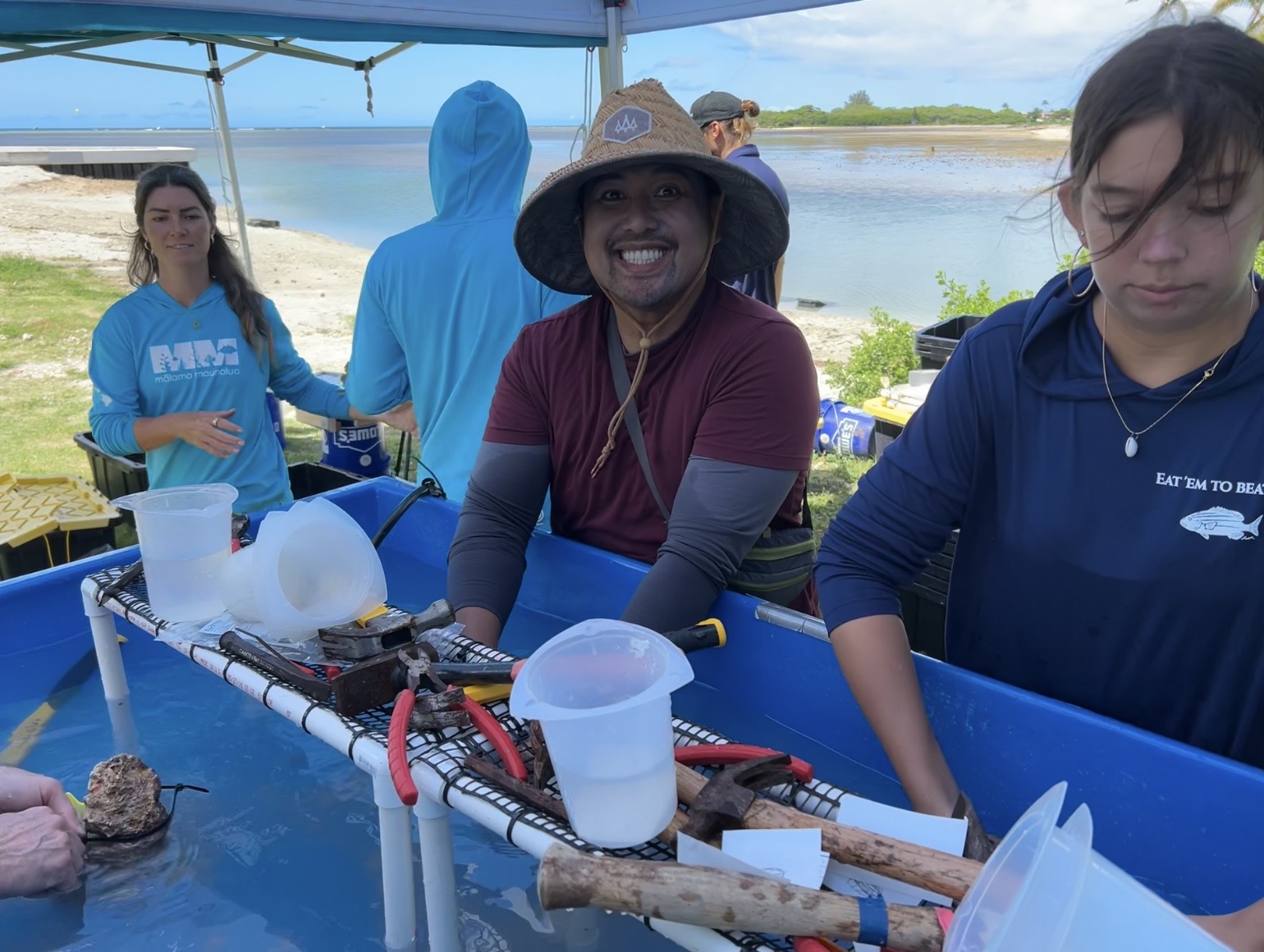 Kent (software) preparing coral fragment for propagation under guidance of Malama Maunalua in Hawaii Kai.