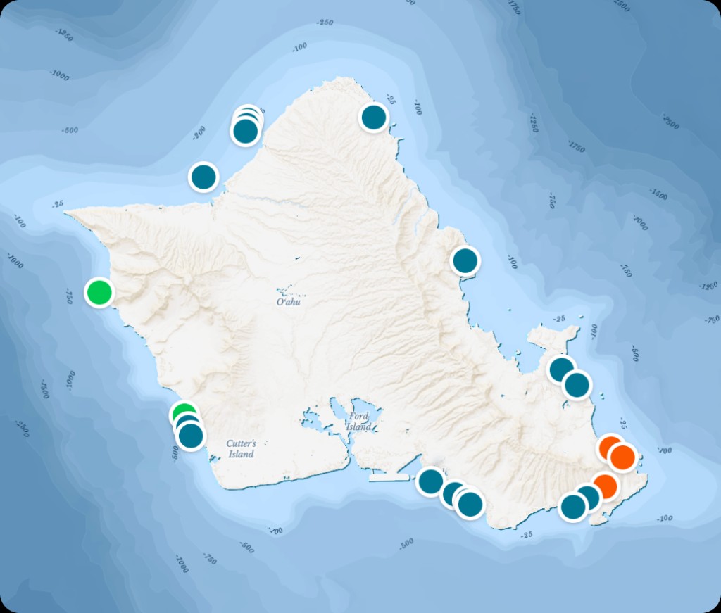 Map of Oʻahu with dive sites